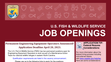 US Fish and Wildlife Service Job Openings- Permanent Engineering Equipment Operators in eastern North Carolina