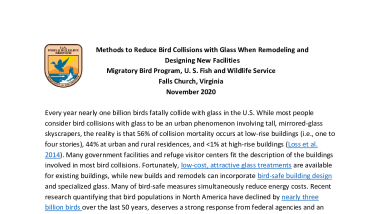 Methods to Reduce Bird Collisions with Glass When Remodeling and Designing New Facilities