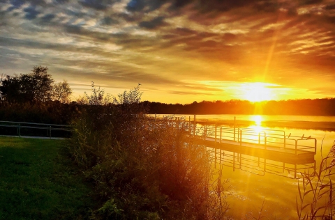 A vibrant red morning sky illuminates a body of water. Birds perch on a walkway over the water.