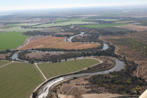 Aerial view of the San Joaquin River winding through the San Joaquin River Refuge 