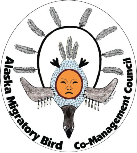 Circle with mask of person as part of a bird with feathers surrounding the mask