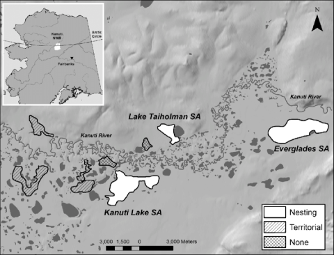 A map showing a zoomed in area of Alaska with lakes and rivers and in inset map of the state where the zoomed in area is located. 