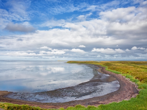 View of a curved green coastline under a cloudy blue sky.