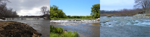 Three pictures of stream during different dam removal stages