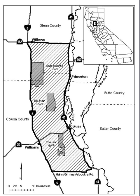 Map showing Interstate 5 and CA State routes 162 and 45 along with Hahn/Grimes-Arbuckle Road as boundaries of the Special Area which includes Sacramento, Delevan, and Colusa NWRs.