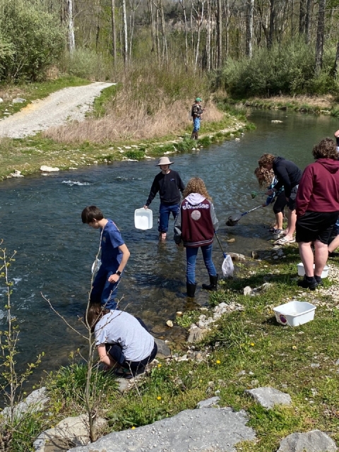 students in a creek