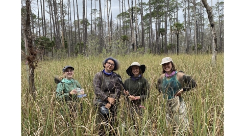 Four women wearing long sleeves and cloth hats stand facing the camera in a field of high grass.