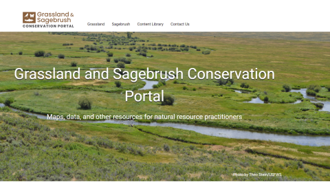 Grassy field with river meandering through with title written over image