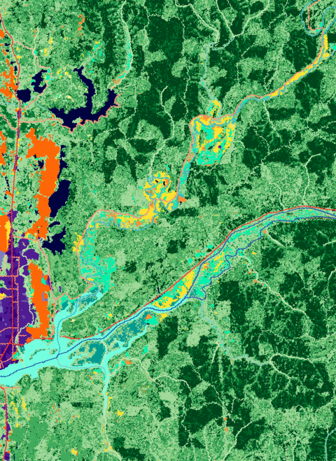 Example map showing symbolized datasets used to construct the resistance surface from the coastal marten connectivity analysis.