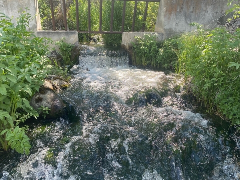 Water flowing in Johnson Creek through a metal and concrete debris screen structure