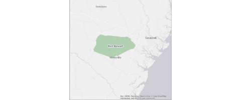 A map of Ft. Stewart just west of Savannah and north of Hinesville, GA
