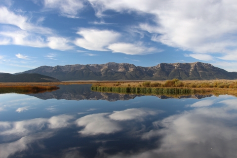 Mountains and the sky with some clouds reflect into a pond for a perfect mirror image.