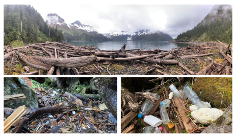 Top image of remote Alaska cove covered in driftwood piles. Two close up images of accumulated plastic and foam pieces.