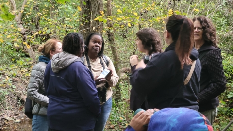 people stand in a circle in a forested environment
