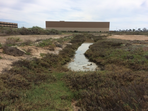 Channel on F and G Street with building in background