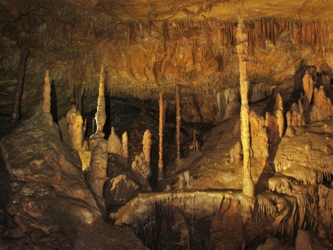 a limestone cave showing many forms of cave growth including stalactites and stalagmites
