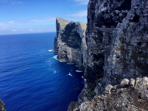 Steep cliffs leading to blue ocean on Nihoa island