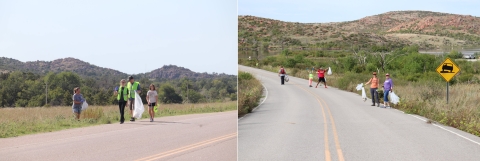 2 photos of people on road with trash bags