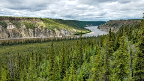 Landscape with green trees, bluffs, and a river
