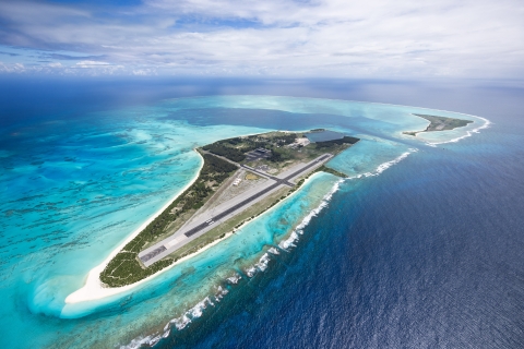 Midway Atoll National Wildlife Refuge aerial view showing Sand Island and Eastern Island.
