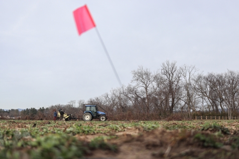 Tractor with three people around the tool it is pulling. Marker flag in the foreground