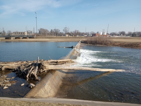 A low dam in the middle of a river restricts water flow and causes a blockage of woody debris.