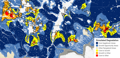 digital map showing areas across the west in blue, orange, and yellow indicating various levels of health of sagebrush areas