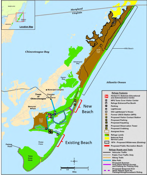 A map of Chincoteague National Wildlife Refuge with the existing beach and new beach locations marked with red brackets. The new beach is located 2.5 miles north of the existing beach.