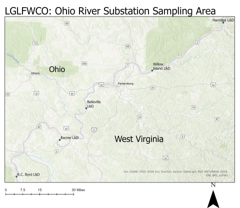 Map of the Ohio River in Ohio and West Virginia