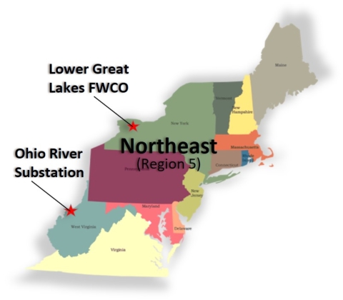 Image of northeastern US states in different colors with the text "Northeast (Region 5)" and 2 stars labeled "Lower Great Lakes FWCO" and "Ohio River Substation".