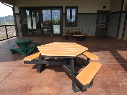Wooden picnic tables at Ankeny National Wildlife Refuge