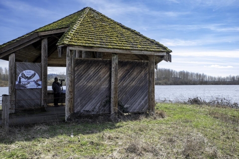 Photographer inside Eagle Marsh Observation Blind