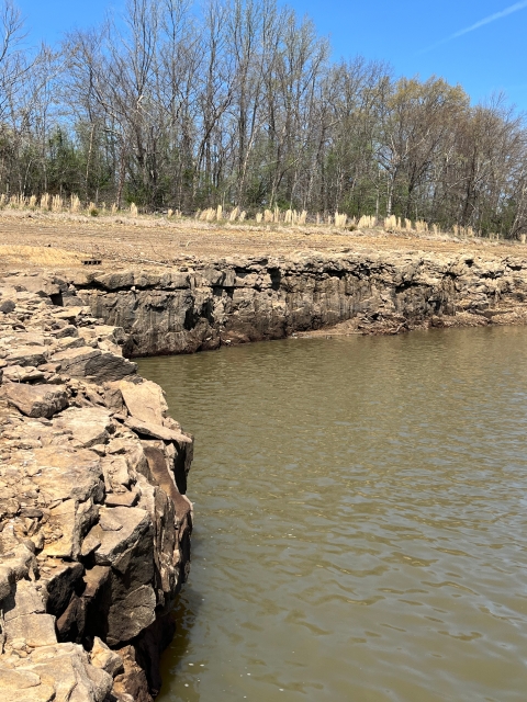 exposed rocky shoreline with trees and dry grass in the background and lake water in foreground