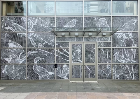 A glass atrium at the entrance to a building that has been covered with adhesive panels, featuring birds, designed to prevent bird collisions