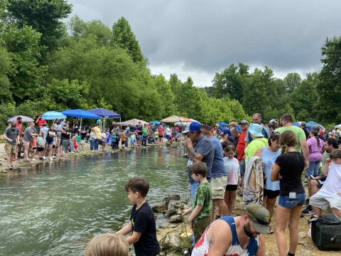 Crowd lining creek bank fishing