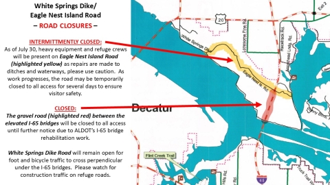 A map depicting the temporary closure of Eagle Nest Island Road at Wheeler National Wildlife Refuge.
