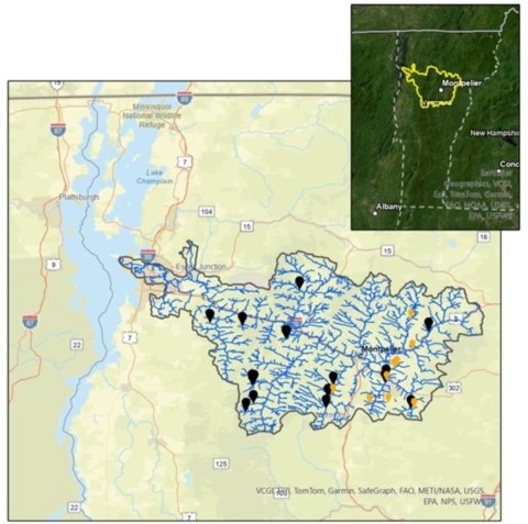  Map of streams in the Winooski River basin with inset of position in the state of Vermont.