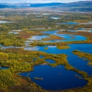 aerial view of sprawling wetlands with hills in the background
