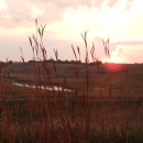 The sun is peeking up behind the skyline. The camera is focused on some big bluestem grasses in the foreground with a valley in the background. There is a wetland in the bottom of the valley. 