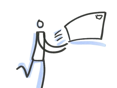 stick figure person and a piece of mail floating away