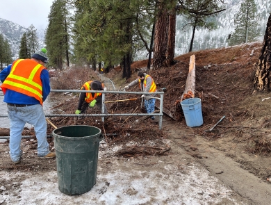 three people in safety vests move small woody debris into into large trash cans at the LNFH ADA fishing platfoorm