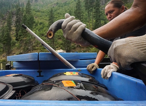 A lamprey is held by two gloved hands above transportation tanks.