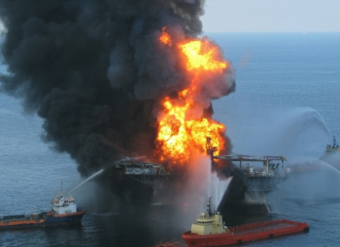 Platform supply vessels battle the blazing remnants of the off shore oil rig Deepwater Horizon photo by US Coast Guard