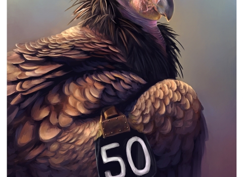 a poster of a painting of a California condor looking at the viewer wearing a "50" tag