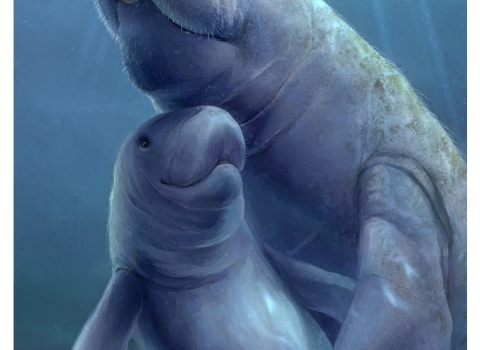 a painting of two manatees, a mother and a calf, swimming through the ocean. 