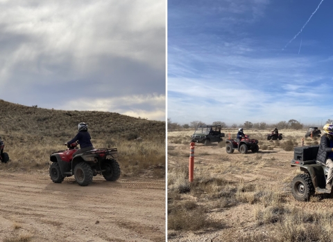2 photos: On left, UTV riders head uphill; on right, UTV riders on obstacle course