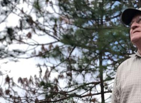 Charley Tarver stands in a longleaf pine forest.