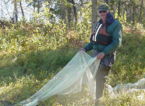 A man standing in a grassy area holding one end of a net with brush and trees in the background.