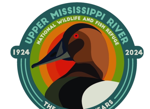 Logo showing canvasback and text saying Upper Mississippi River National Fish and Wildlife Refuge the first 100 years