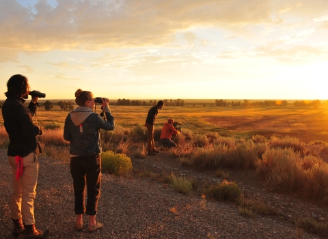 As the sun sets, two individuals look at the landscape with binoculars as two others look through a spotting scope